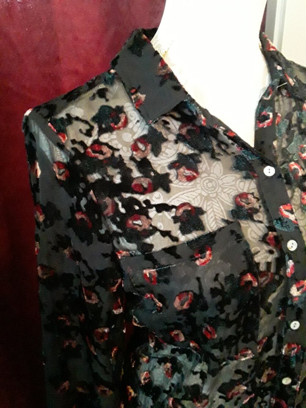 intro. lovely black and floral embellished sheer top size S